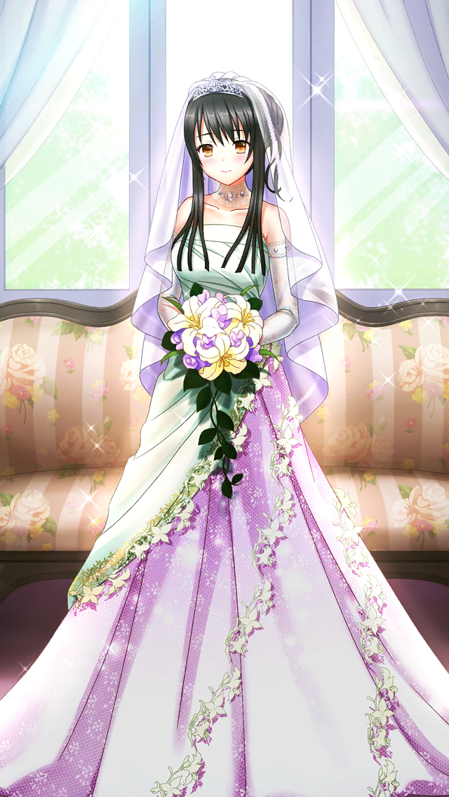 1girl, bangs, black_hair, blush, bouquet, breasts, bridal_veil, brown_eyes, character_request, closed_mouth, collarbone, couch, diadem, doukyuusei_another_world, dress, elbow_gloves, flower, game_cg, gloves, hair_between_eyes, holding, holding_bouquet, indoors, large_breasts, lily_(flower), long_dress, official_art, shiny, shiny_hair, short_hair_with_long_locks, sidelocks, sleeveless, sleeveless_dress, smile, solo, sparkle, standing, strapless, strapless_dress, tied_hair, veil, wedding_dress, white_flower, white_gloves