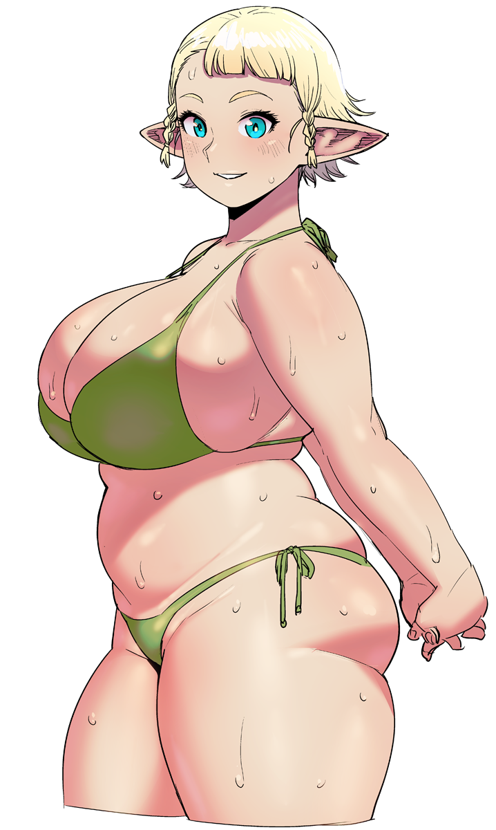 1girl, arms_behind_back, asymmetrical_bangs, bangs, bare_shoulders, bikini, blonde_hair, blue_eyes