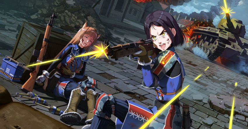 2girls, ammunition_box, animal_ear_fluff, animal_ears, arm_at_side, binoculars, black_hair, black_shirt