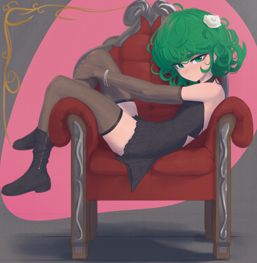 1girl, absurdres, armchair, bare_shoulders, black_dress, black_footwear, boots, bracelet