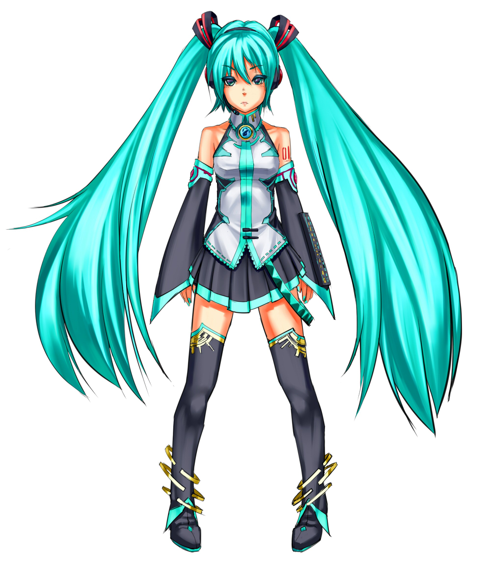 1girl, aqua_eyes, aqua_hair, bad_id, bare_shoulders, boots, detached_sleeves, eyeshadow