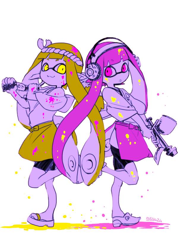 2girls, black_shorts, blonde_hair, headphones, ink, inkling, japanese_clothes, kuro_yuzu