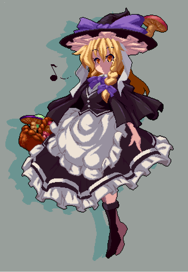 1girl, apron, bangs, basket, black_capelet, black_headwear, blonde_hair, bow
