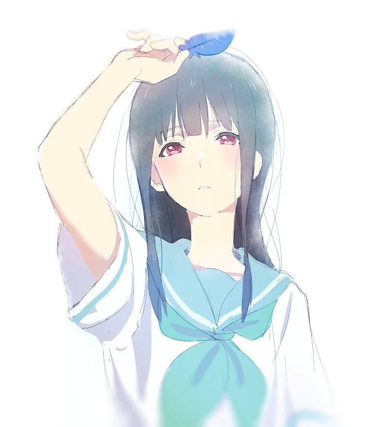 1girl, bangs, blue_feathers, blue_hair, blue_neckwear, blue_sailor_collar, blurry, blush