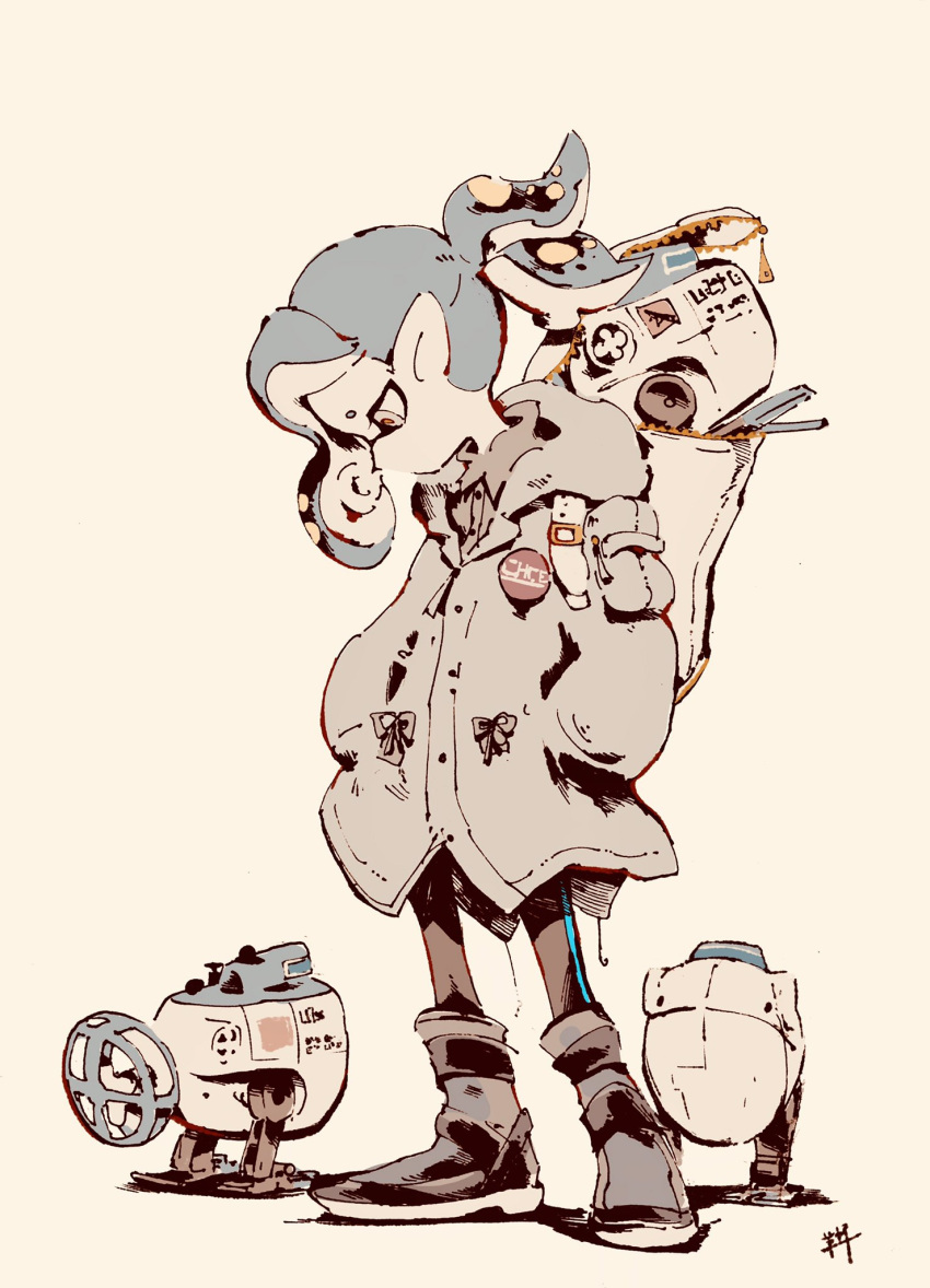 1girl, aozukikawasemi, backpack, badge, bag, black_footwear, black_legwear, boots, coat, full_body, highres, inkling, inkling_(language), looking_down, machine, sad, simple_background, solo, splatoon_(series), splatoon_2, standing, tentacle_hair, white_background, white_coat