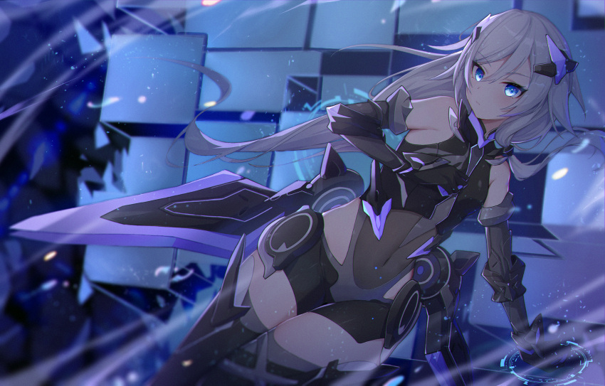 1girl, absurdres, bangs, bare_shoulders, black_footwear, black_hair, black_leotard, blue_eyes, boots, breasts, closed_mouth, elbow_gloves, fu_hua, fu_hua_(shadow_knight), gloves, hair_between_eyes, hair_ornament, highres, honkai_(series), honkai_impact_3rd, leotard, long_hair, looking_at_viewer, ponytail, small_breasts, solo, thigh-highs, thigh_boots, wood_cube