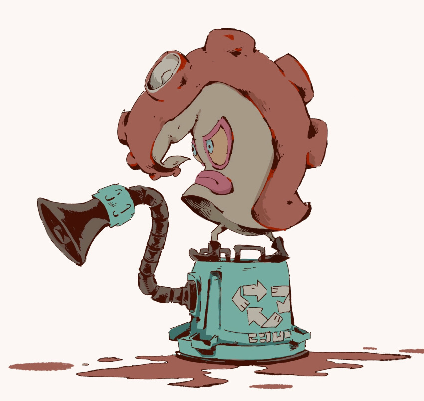 aozukikawasemi, big_head, black_footwear, blubber, boots, full_body, highres, ink, inkling_(language), machine, monster, no_hands, octopus, one-eyed, simple_background, speaker, splatoon_(series), splatoon_1, standing, tentacles, white_background
