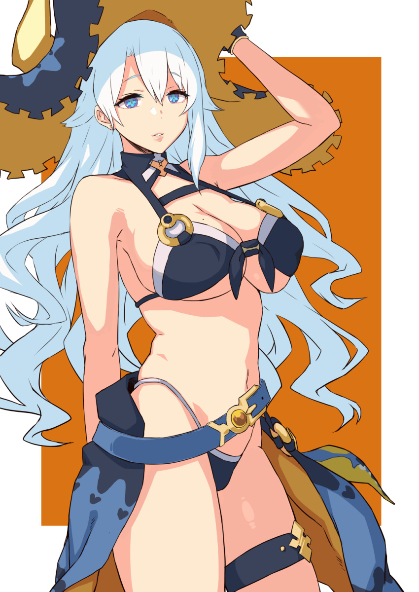+_+, 1girl, bercetia_(world_flipper), bikini, black_bikini, blue_hair, border, breasts