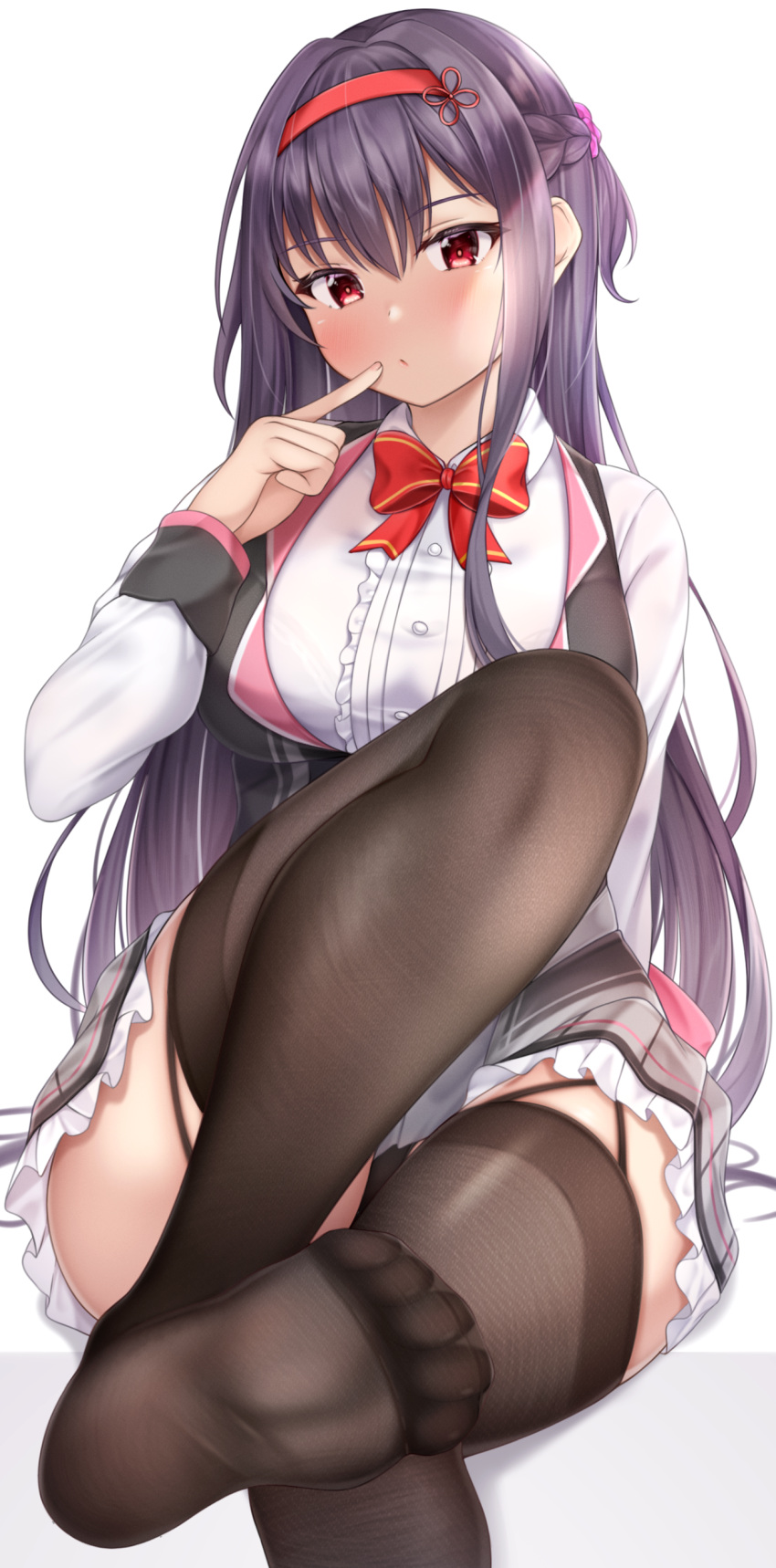 1girl, absurdres, bangs, black_hair, black_legwear, black_vest, braid, closed_mouth