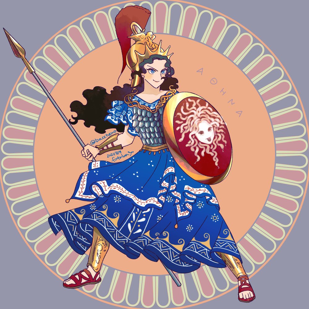 1girl, animification, armor, aspis, athena_(mythology), blue_background, blue_dress, blue_eyes