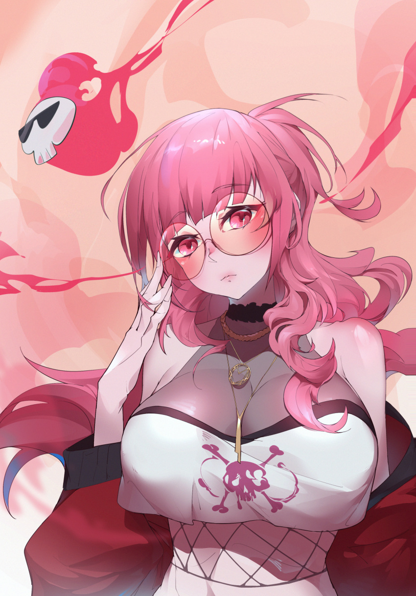1girl, absurdres, bangs, breasts, crop_top, death-sensei_(mori_calliope), eevol, eyebrows_visible_through_hair, finger_to_eyewear, glasses, halter_top, halterneck, head_tilt, highres, hololive, hololive_english, jacket, large_breasts, mori_calliope, off_shoulder, pink_hair, ponytail, red_jacket, round_eyewear, solo, sunglasses, virtual_youtuber