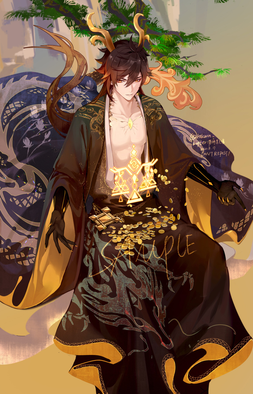 1boy, arm_tattoo, bangs, branch, brown_hair, chinese_clothes, coin, collarbone, commentary, cracked_skin, dragon_boy, dragon_horns, dragon_print, dragon_tail, earrings, falling_money, fangs, genshin_impact, gradient_hair, hair_between_eyes, highres, horns, jewelry, light_particles, long_hair, long_sleeves, male_focus, multicolored_hair, open_mouth, orange_hair, rokuon, scales, simple_background, single_earring, solo, symbol, symbol-only_commentary, tail, tassel, tassel_earrings, tattoo, wide_sleeves, yellow_eyes, zhongli_(genshin_impact)