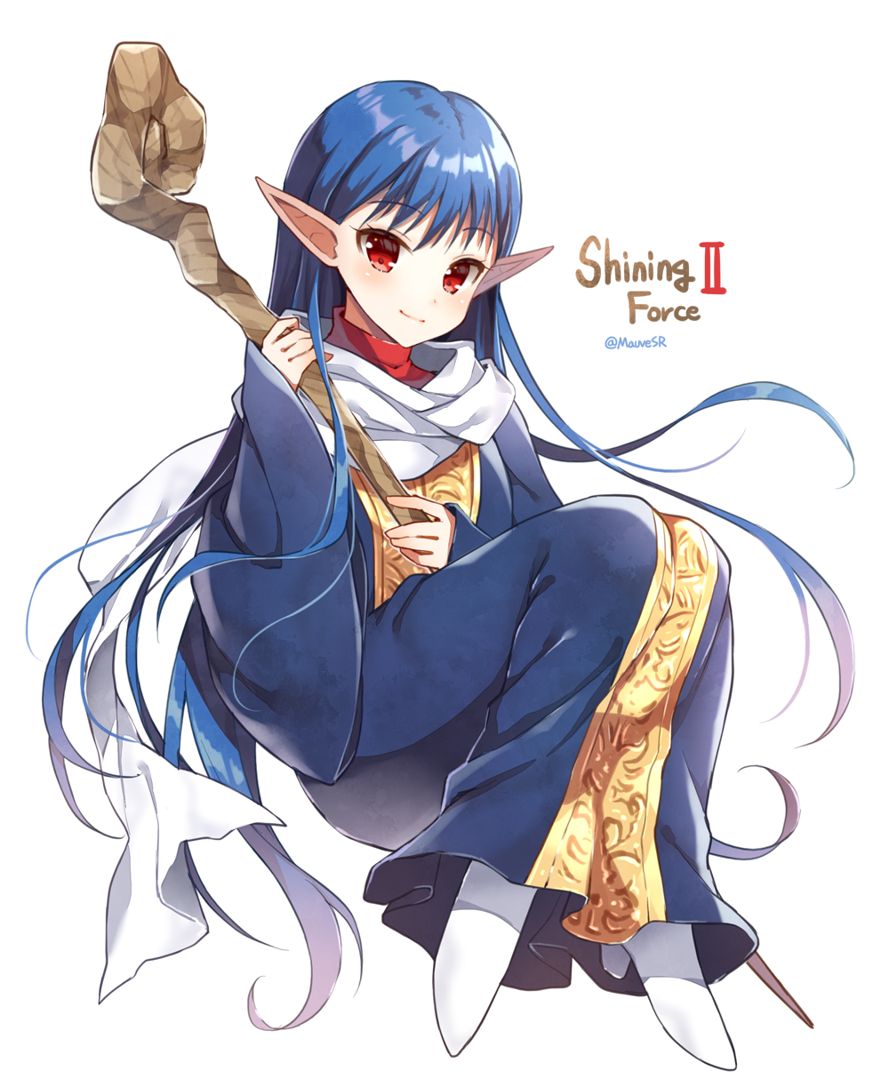 1girl, bangs, blue_hair, blue_robe, blush, closed_mouth, commentary_request, copyright_name, eyebrows_visible_through_hair, full_body, high_heels, highres, holding, holding_staff, long_hair, long_sleeves, looking_at_viewer, mauve, photoshop_(medium), pointy_ears, red_eyes, robe, sarah_(shining_force), shining_(series), shining_force_ii, sleeves_past_wrists, smile, solo, staff, twitter_username, very_long_hair, white_background, white_footwear, wide_sleeves, wooden_staff