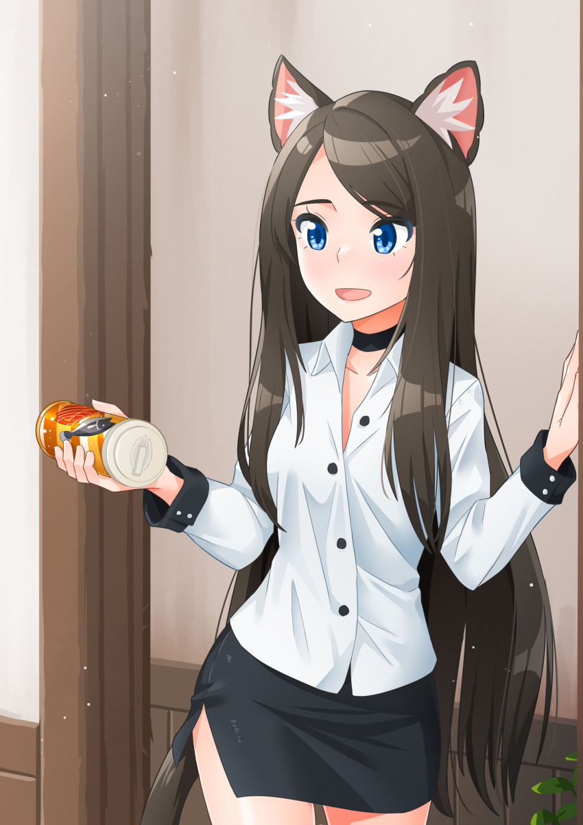 1girl, :d, absurdres, aina_(mao_lian), animal_ear_fluff, animal_ears, black_choker, black_skirt