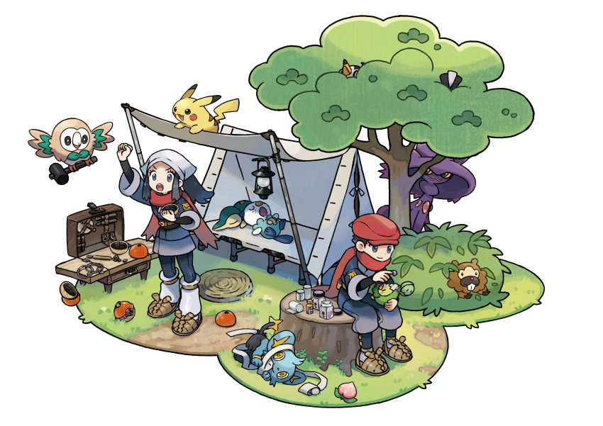 absurdres, akari_(pokemon_legends:_arceus), angry, apricorn, artist_request, bandages, bidoof, blue_hair