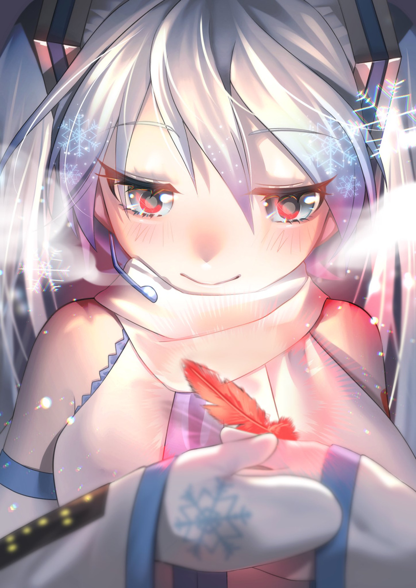 1girl, blue_neckwear, commentary, detached_sleeves, feathers, glowing_feather, gouya_daifuku, hair_ornament