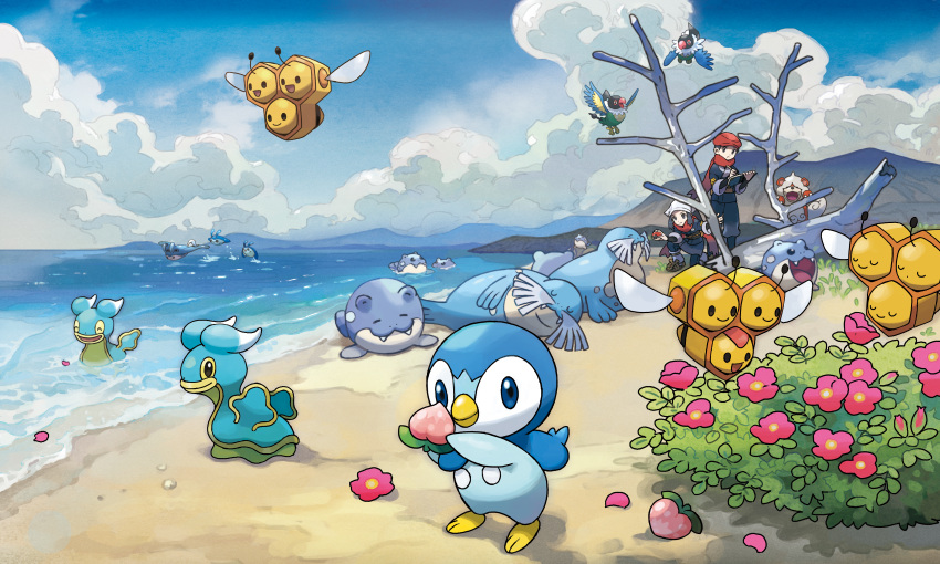 1boy, 1girl, :3, ^_^, absurdres, akari_(pokemon_legends:_arceus), animal_focus, arms_up, artist_request, bangs, bare_tree, beach, berry_(pokemon), bird, black_eyes, black_hair, blue_eyes, blue_hair, blue_jacket, blue_legwear, blue_pants, blue_skirt, blue_sky, blush_stickers, book, brown_footwear, bush, cabbie_hat, chatot, claws, closed_eyes, closed_mouth, clouds, combee, day, dog, extra_faces, fangs, flat_chest, flower, flying, food, full_body, gen_2_pokemon, gen_3_pokemon, gen_4_pokemon, grass, hair_over_eyes, half-closed_eyes, hands_up, happy, hat, head_scarf, highres, hisuian_growlithe, holding, holding_book, holding_food, holding_pencil, holding_poke_ball, huge_filesize, jacket, jumping, leggings, long_hair, mantine, mantyke, mountainous_horizon, ocean, official_art, one_knee, open_book, open_mouth, outdoors, pants, partially_submerged, pecha_berry, pencil, petals, pink_flower, poke_ball, poke_ball_(legends), pokemon, pokemon_(creature), pokemon_(game), pokemon_legends:_arceus, pouch, red_headwear, red_scarf, rei_(pokemon_legends:_arceus), sand, sandals, sash, scarf, sealeo, shellos, shellos_(east), short_hair, sidelocks, skirt, sky, smile, socks, spheal, standing, swimming, tree, water, white_headwear, white_legwear, writing