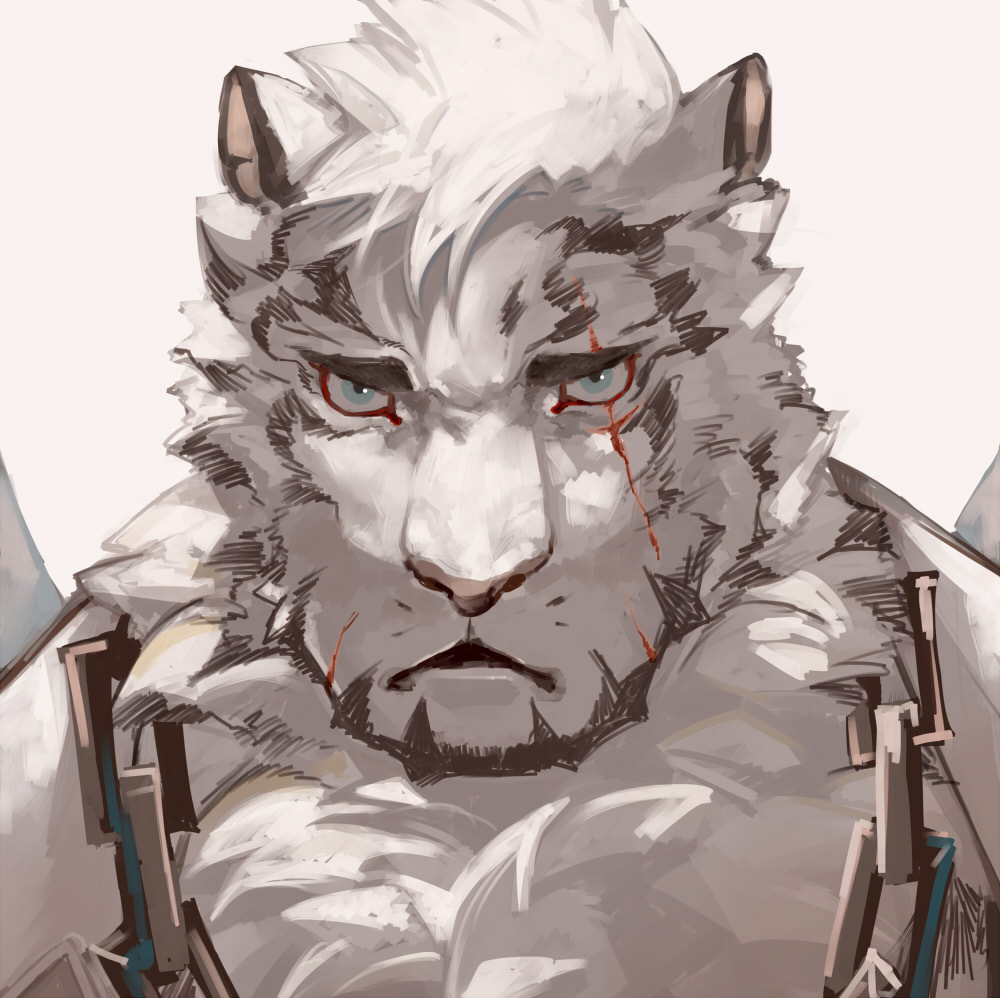 1boy, animal_ears, arknights, black_tank_top, chain_necklace, face, frown, furry, hinokumo_f, looking_at_viewer, male_focus, mountain_(arknights), portrait, scar, scar_across_eye, short_hair, solo, tank_top, tiger_boy, tiger_ears, white_fur, white_hair