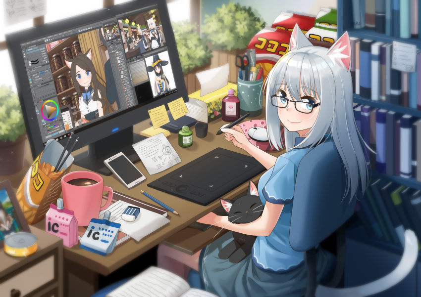 1girl, aina_(mao_lian), animal_ear_fluff, animal_ears, artist_self-insert, black-framed_eyewear, black_cat, blue_eyes