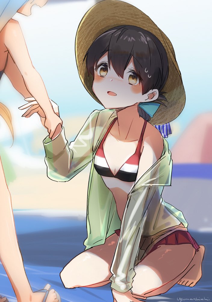 2girls, artist_name, barefoot, bikini, blue_hair, blush, brown_eyes, brown_hair