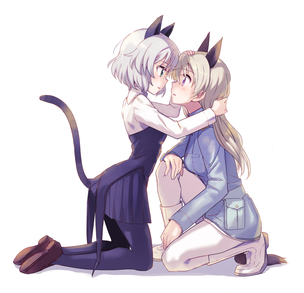 2girls, animal_ears, black_legwear, blush, breasts, cat_ears, cat_tail, eila_ilmatar_juutilainen