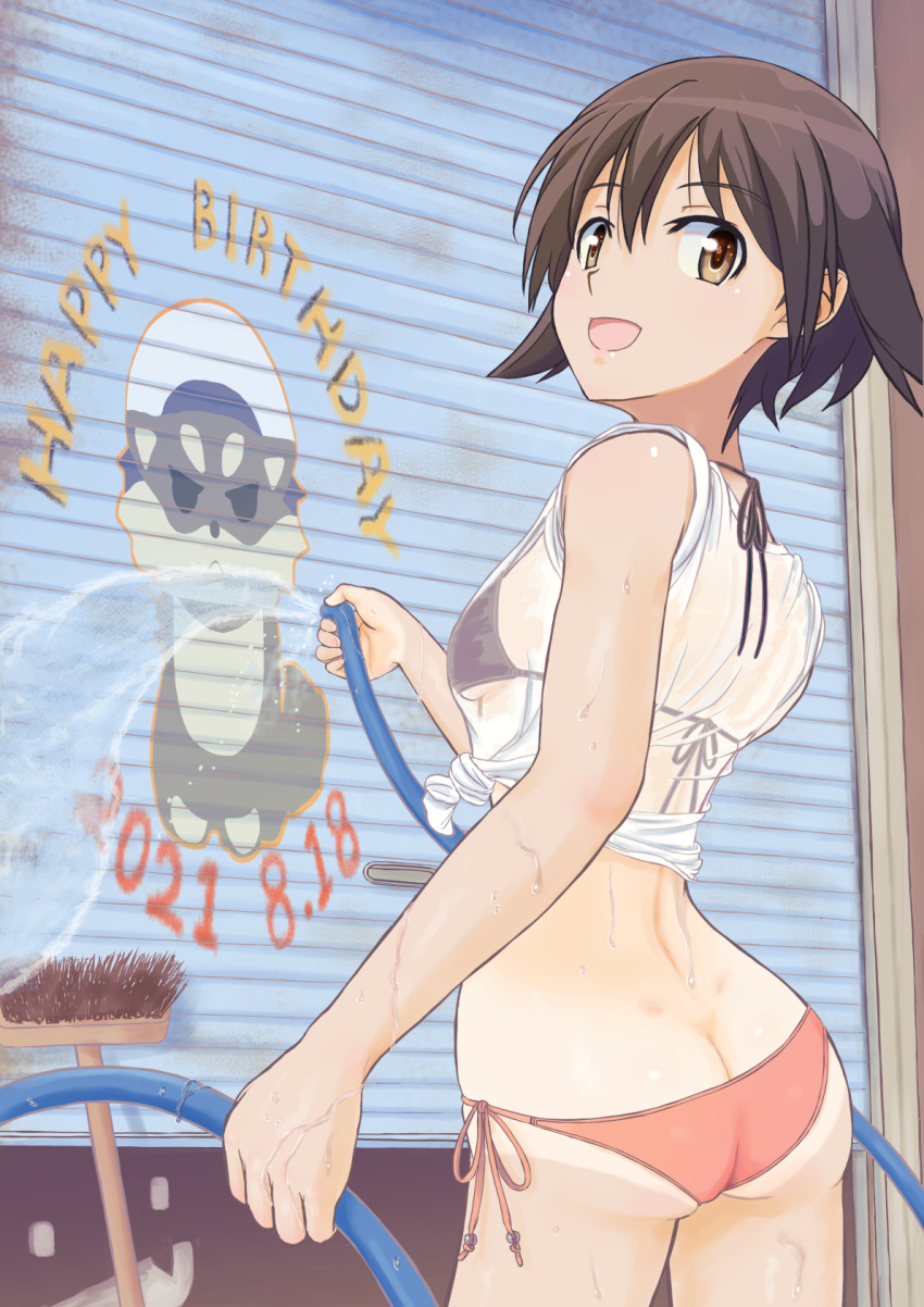1girl, ass, bikini, brown_eyes, brown_hair, butt_crack, cleaning_brush, contrapposto, cowboy_shot, dated, from_behind, happy_birthday, highres, hose, keicha_(kmoekaki), looking_at_viewer, looking_back, mismatched_bikini, miyafuji_yoshika, see-through, shirt, short_hair, side-tie_bikini, solo, standing, strike_witches, swimsuit, t-shirt, tan, tanlines, tied_shirt, water, world_witches_series