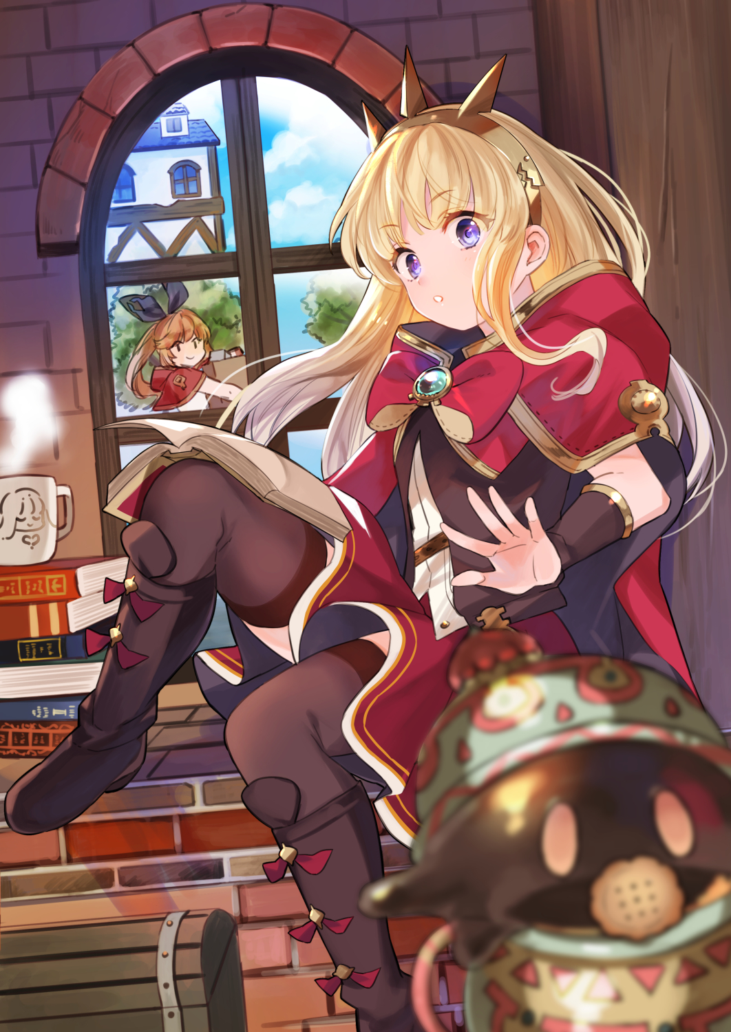 2girls, black_footwear, black_legwear, blonde_hair, book, book_stack, boots, bracer, cagliostro_(granblue_fantasy), cape, clarisse_(granblue_fantasy), cloak, cup, granblue_fantasy, hairband, highres, long_hair, mug, multiple_girls, open_book, sitting, solo_focus, spiked_hairband, spikes, thigh-highs, tiara, umou_(user_xxhp7583), violet_eyes, window
