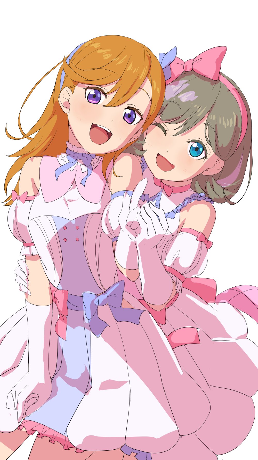 2girls, bangs, blue_bow, blue_eyes, bow, dress, gloves, grey_hair