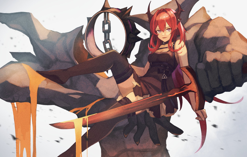 1girl, arknights, bare_shoulders, commentary, highres, horns, long_hair, looking_at_viewer
