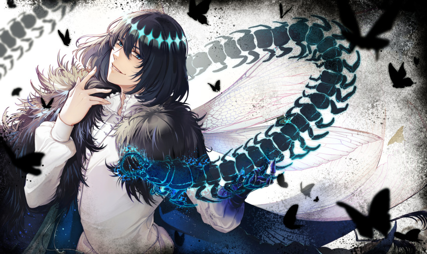 1boy, black_hair, blue_eyes, bug, butterfly, cape, centipede, fate/grand_order, fate_(series), fur_trim, grin, highres, insect, insect_wings, looking_at_viewer, male_focus, mentaikopan, oberon_(fate), shirt, smile, solo, spoilers, upper_body, white_shirt, wings