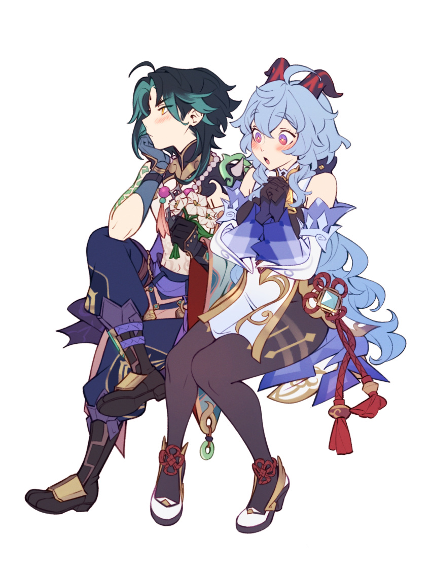 1boy, 1girl, absurdres, ahoge, aqua_hair, bare_shoulders, bead_necklace, beads, bell, belt, black_bodysuit, black_gloves, black_hair, blue_hair, blush, bodysuit, bouquet, chinese_knot, cowbell, crossed_legs, detached_sleeves, elbow_on_knee, eyebrows_visible_through_hair, facial_mark, flower, flower_knot, forehead_mark, ganyu_(genshin_impact), gem, genshin_impact, gloves, gradient_eyes, hair_between_eyes, hair_intakes, hand_on_own_chin, hands_clasped, highres, holding, holding_bouquet, horns, jewelry, knees_together_feet_apart, leg_armor, lilyglazed, long_hair, looking_at_flowers, looking_away, midriff, multicolored, multicolored_eyes, multicolored_hair, necklace, open_mouth, own_hands_together, pants, petals, red_eyes, rope, sash, shoes, sidelocks, sitting, sparkling_eyes, spikes, tattoo, two-tone_hair, vambraces, very_long_hair, violet_eyes, white_background, wide_sleeves, xiao_(genshin_impact), yellow_eyes
