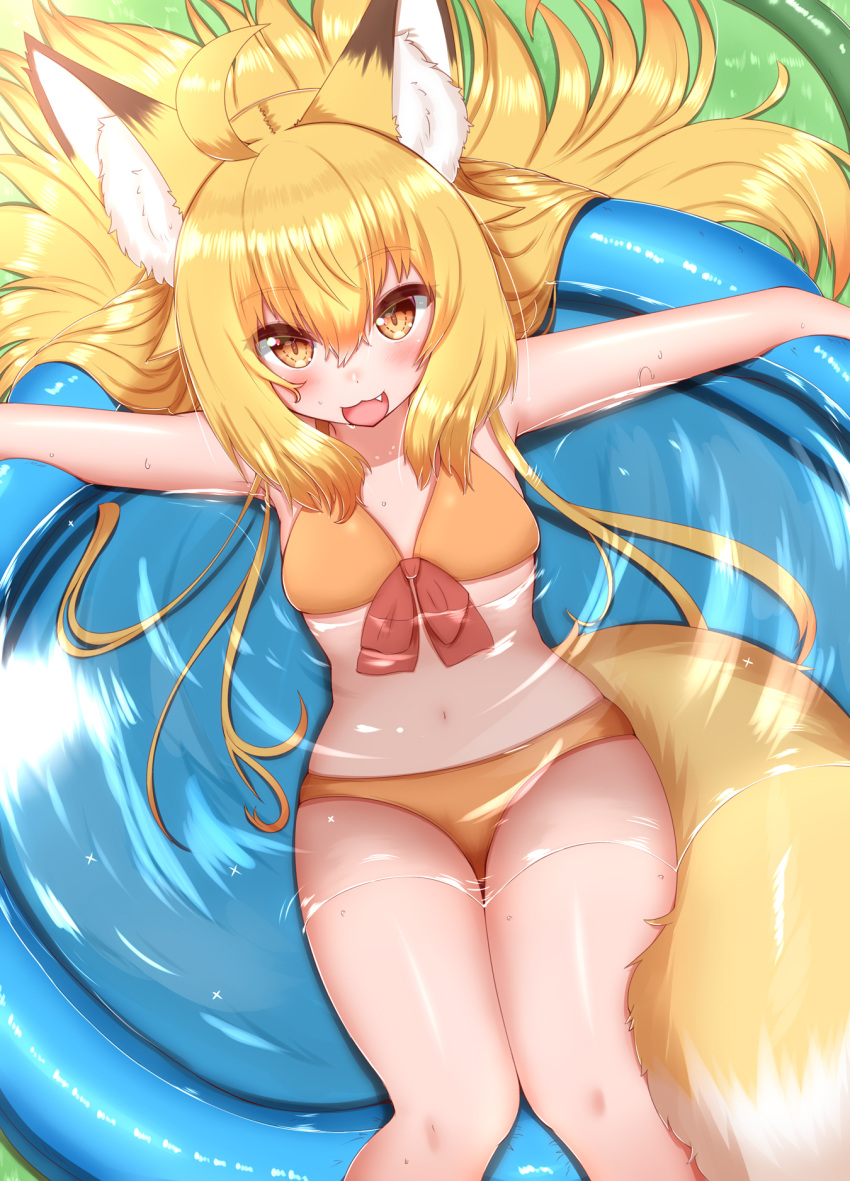 1girl, :3, ahoge, animal_ear_fluff, animal_ears, bikini, blonde_hair, blush