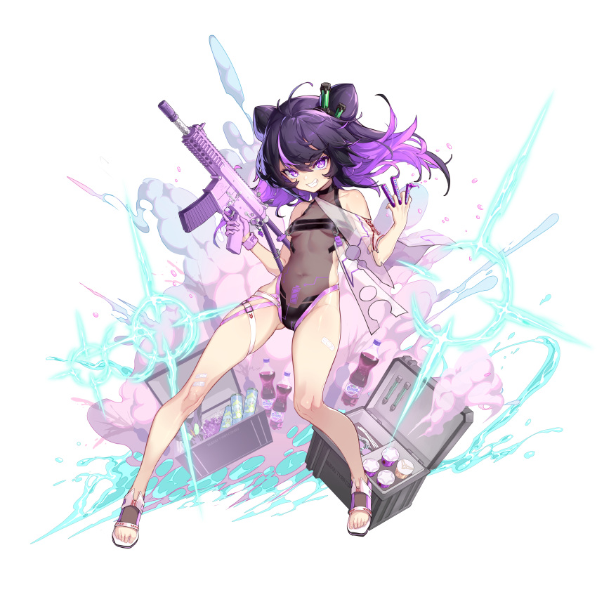 1girl, absurdres, ass_visible_through_thighs, bandaid, bandaid_on_knee, bandaid_on_leg, bare_legs, breasts, bright_pupils, covered_navel, double_bun, eyebrows_visible_through_hair, fanta, full_body, girls_frontline, grin, gun, hair_between_eyes, hair_cones, highres, kac-pdw, kac-pdw_(girls_frontline), long_hair, multicolored_hair, navel, official_alternate_costume, official_art, one-piece_swimsuit, purple_hair, sandals, see-through, shanyao_jiang_tororo, small_breasts, smile, soda_bottle, solo, streaked_hair, swimsuit, thigh_strap, transparent_background, trigger_discipline, two-tone_hair, under_boob, violet_eyes, weapon, wristband