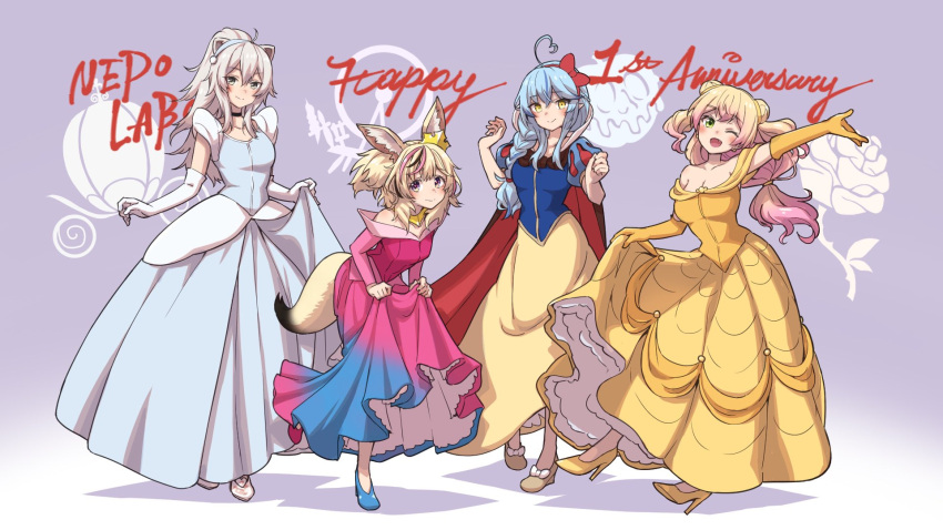 4girls, ahoge, animal_ears, anniversary, aurora_(disney), aurora_(disney)_(cosplay), beauty_and_the_beast_(disney), belle_(disney)