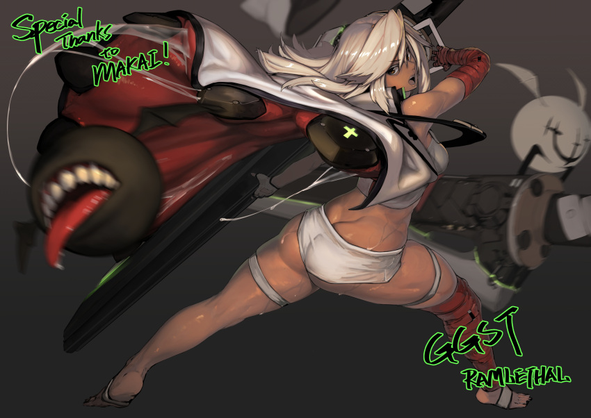 1girl, 2others, ass, bandaged_arm, bandaged_leg, bandages, barefoot, blurry