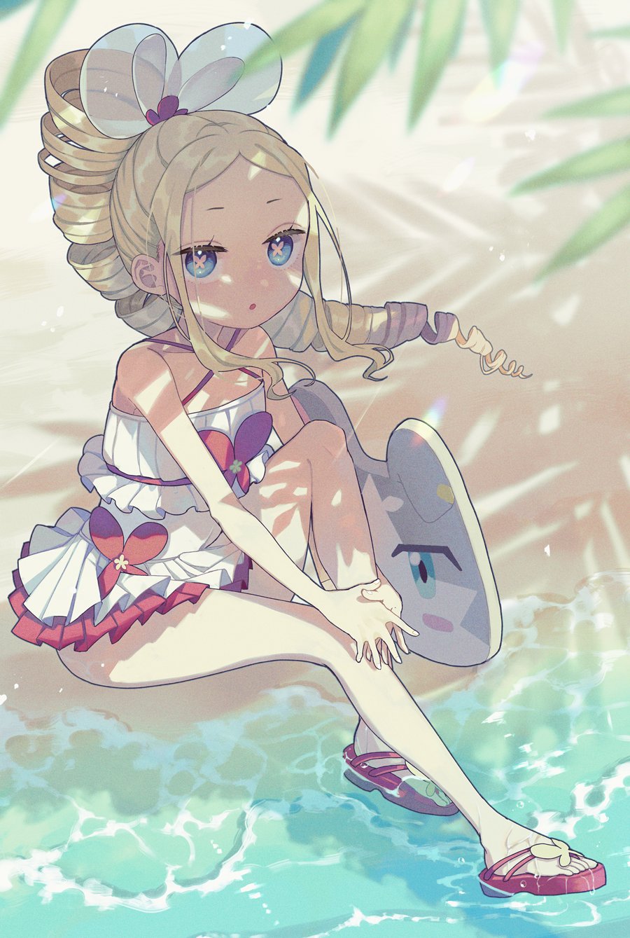 1girl, alternate_costume, alternate_hairstyle, bare_legs, beatrice_(re:zero), blonde_hair, blue_eyes, blush