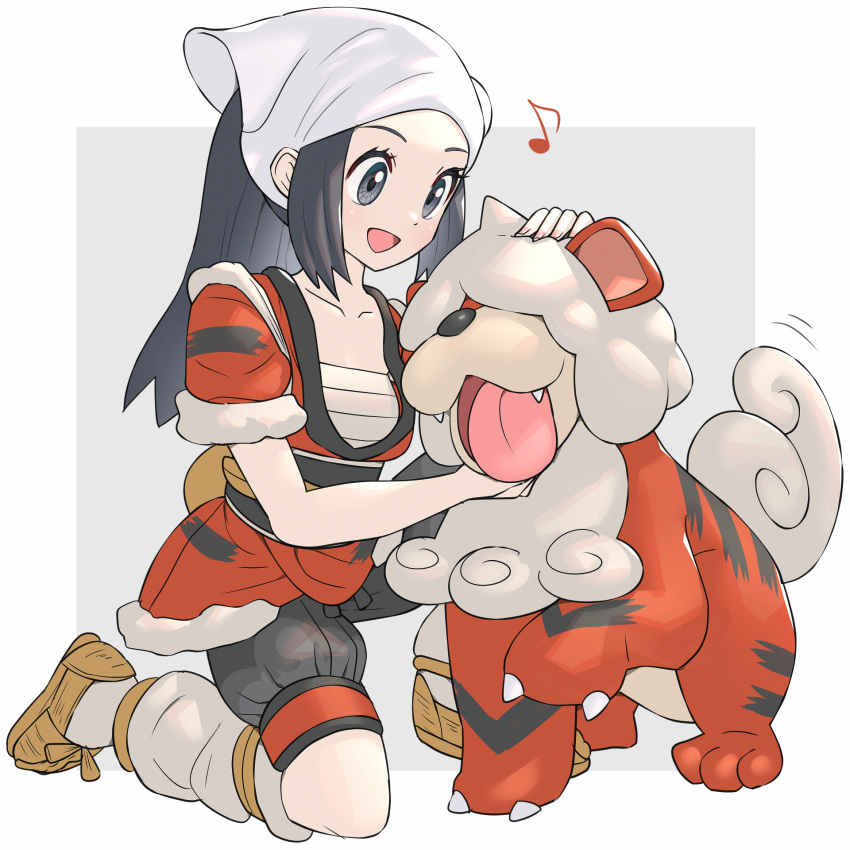 1girl, :d, akari_(pokemon_legends:_arceus), black_hair, brown_footwear, collarbone, commentary_request, eyelashes