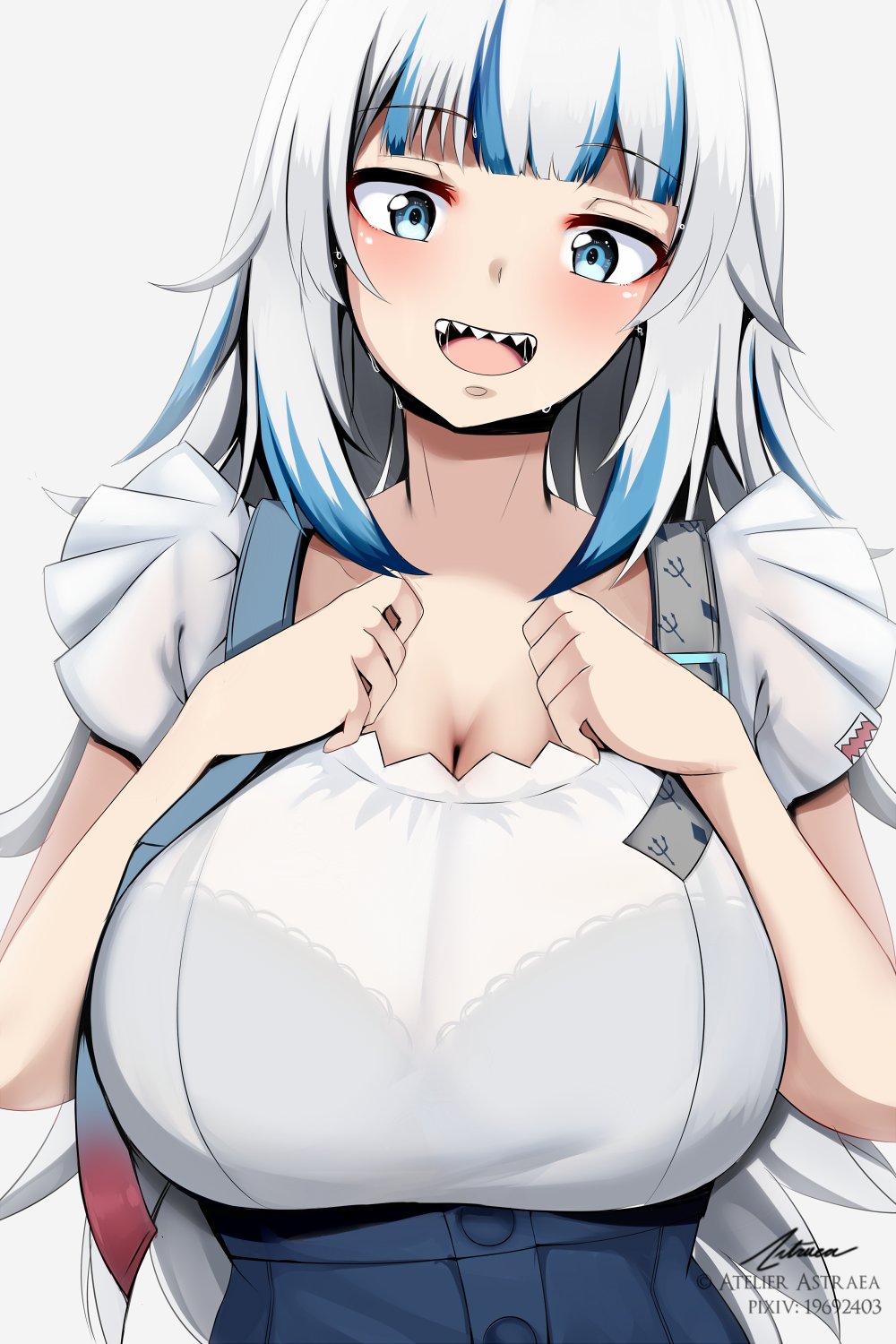 alternate_costume, astraea_(atelierastraea), bangs, blue_eyes, blue_hair, blunt_bangs, breasts, gawr_gura, highres, hololive, hololive_english, huge_breasts, medium_hair, multicolored_hair, shark_girl, silver_hair, streaked_hair, two_side_up, virtual_youtuber