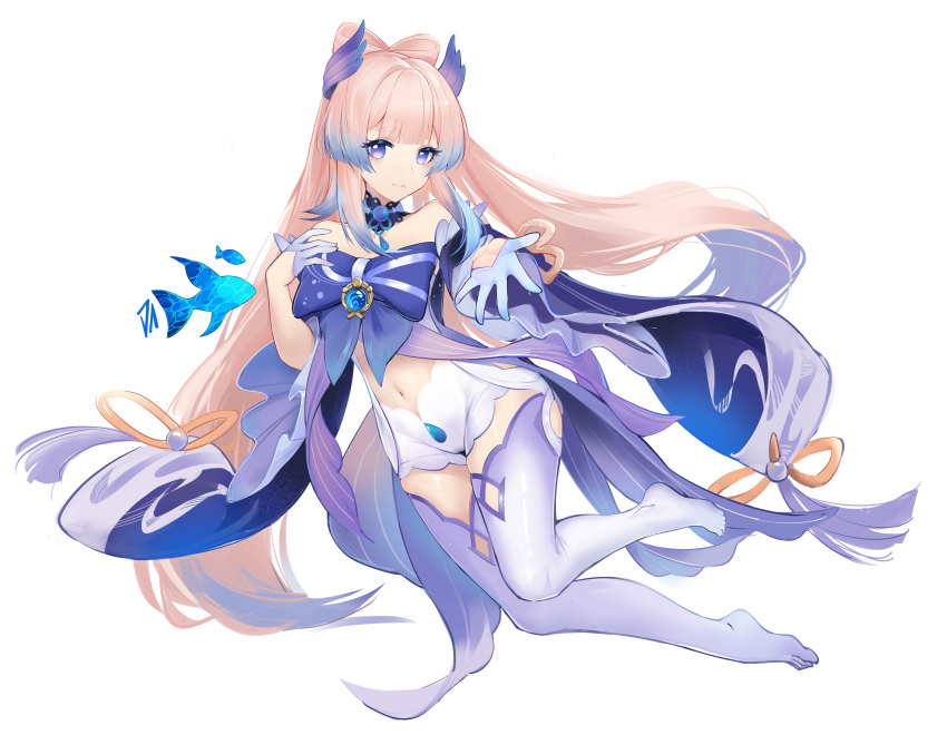 1girl, absurdres, blue_eyes, bow, bowtie, feet, fish, frilled_sleeves, frills, full_body, genshin_impact, gloves, hair_ornament, highres, janload1ng, long_hair, looking_at_viewer, midriff, multicolored_hair, navel, outstretched_arm, pink_hair, sangonomiya_kokomi, short_shorts, shorts, smile, solo, thigh-highs, two-tone_hair, vision_(genshin_impact), white_background, white_gloves, wide_sleeves