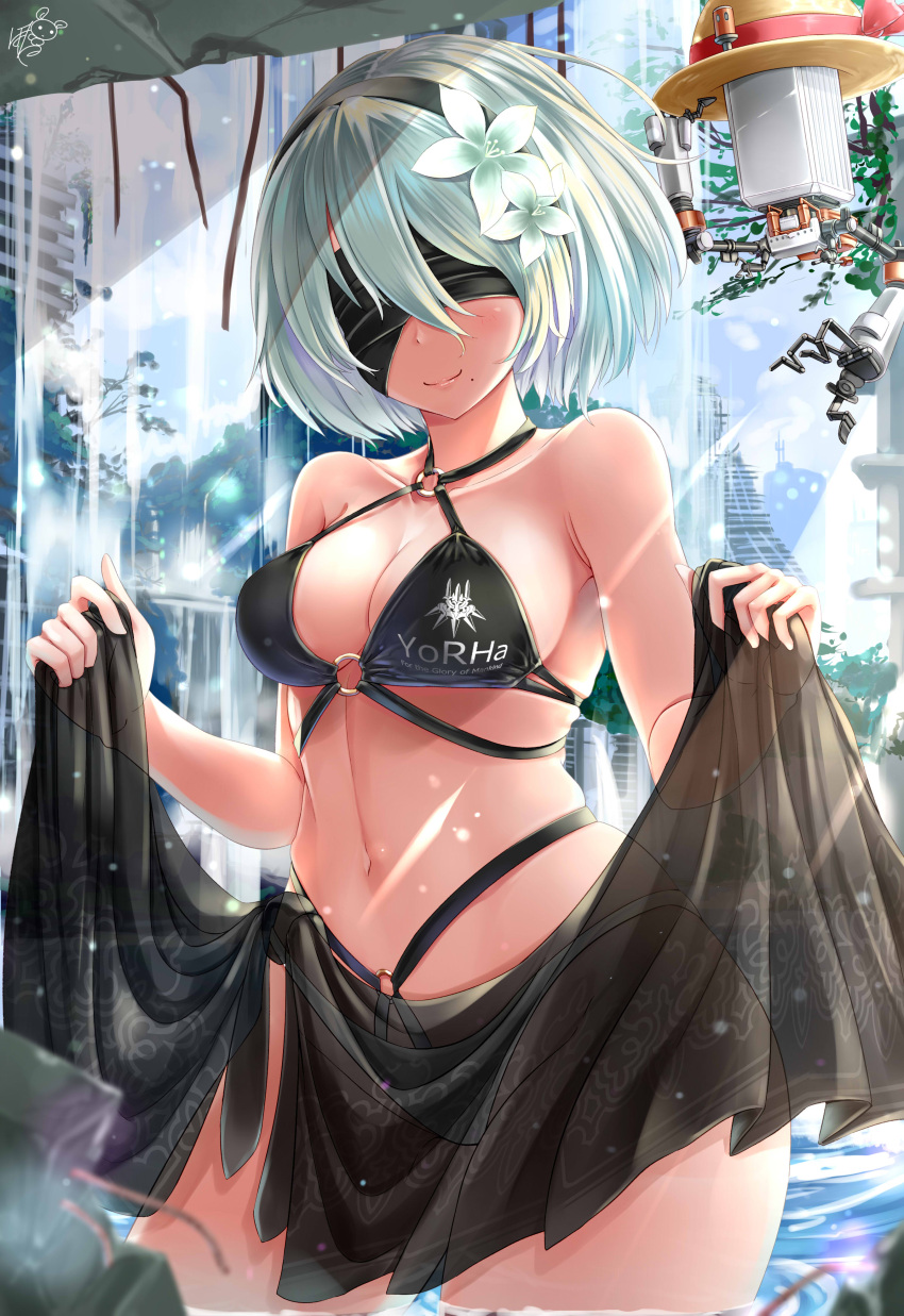 1girl, absurdres, ayakase_hotaru, bikini, black_bikini, black_blindfold, black_hairband, black_sarong, blindfold, breasts, covered_eyes, flower, hair_flower, hair_ornament, hairband, highres, large_breasts, mole, mole_under_mouth, multi-strapped_bikini, navel, nier_(series), nier_automata, sarong, short_hair, silver_hair, solo, swimsuit, white_flower, yorha_no._2_type_b