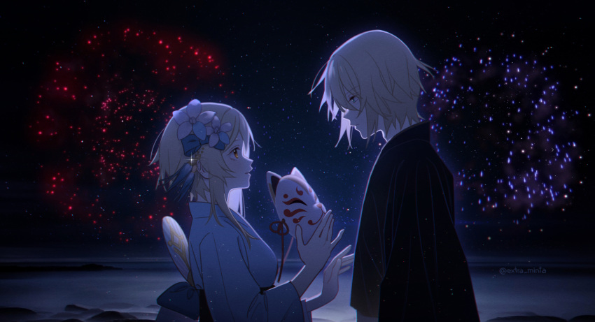 1boy, 1girl, blonde_hair, blue_eyes, extra_minta, eye_contact, fireworks, flower