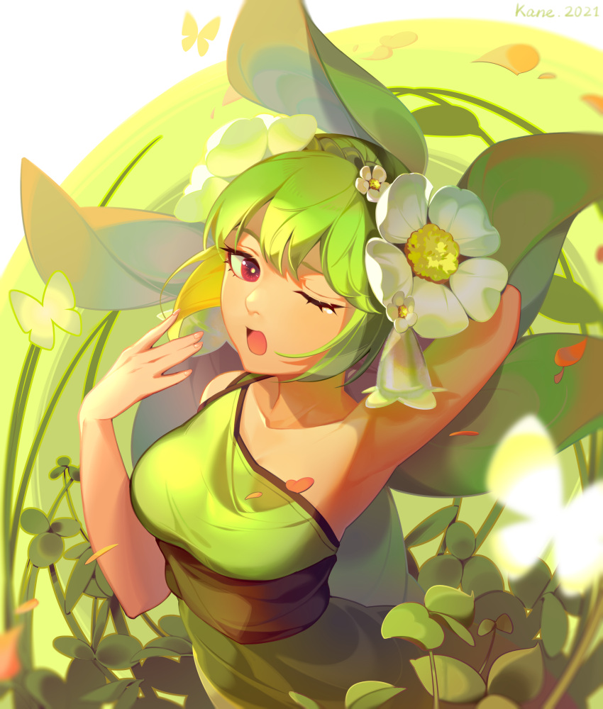 1girl, absurdres, arm_behind_head, artist_name, bangs, bug, butterfly, crossed_bangs