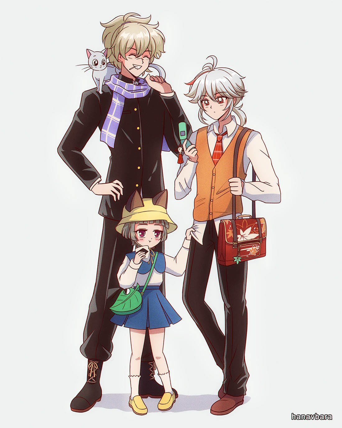 1girl, 2boys, ^_^, ^o^, animal_ears, bangs, blunt_bangs, cat