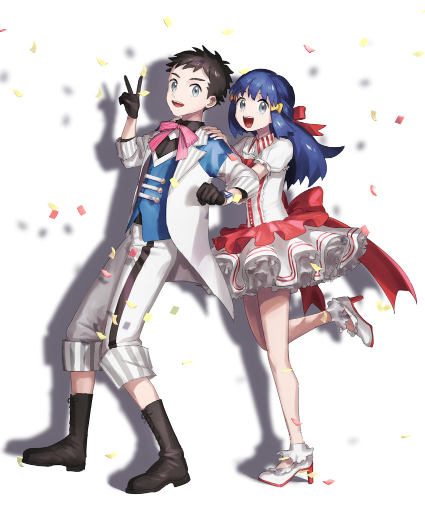 1boy, 1girl, :d, bangs, blue_hair, blue_vest, boots, brown_footwear