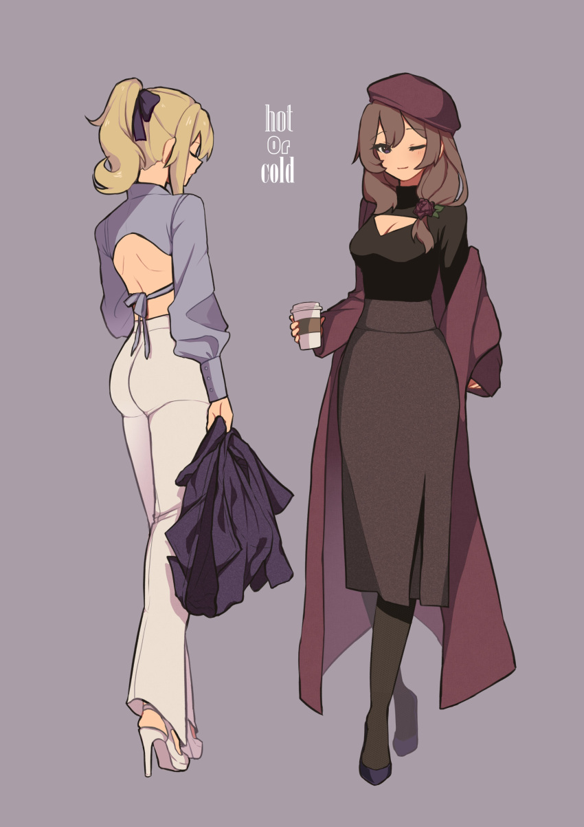 2girls, 5mi_gi, absurdres, ass, back_cutout, beret, black_footwear, black_legwear, black_sweater, blonde_hair, blue_bow, blue_shirt, bow, breasts, brown_hair, cleavage_cutout, clothing_cutout, coat, contemporary, cup, disposable_cup, from_behind, genshin_impact, grey_skirt, hair_bow, hat, high-waist_skirt, high_heels, high_ponytail, highres, holding, holding_cup, jean_(genshin_impact), large_breasts, lisa_(genshin_impact), long_sleeves, looking_at_viewer, low_ponytail, multiple_girls, one_eye_closed, pants, puffy_long_sleeves, puffy_sleeves, purple_coat, purple_headwear, shirt, side_ponytail, skirt, sweater, turtleneck, white_footwear, white_pants