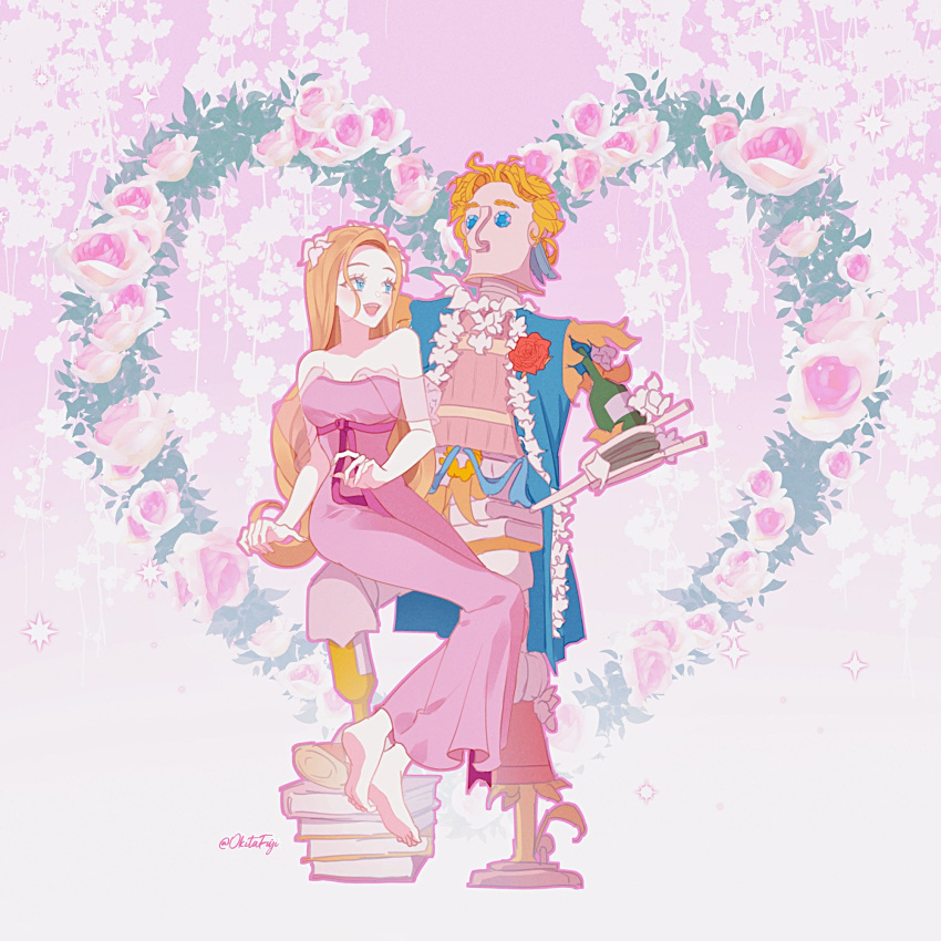 1girl, bare_shoulders, barefoot, barrel, blue_eyes, book, book_stack, bottle, breasts, disney, dress, dummy, enchanted, eyelashes, feathers, feet, flower, flower_pot, giselle_(disney), gradient, gradient_background, hair_flower, hair_ornament, happy, heart-shaped_wreath, highres, jacket, jug, long_dress, long_hair, mannequin, music, okitafuji, orange_hair, pale_skin, pink_background, pink_dress, pink_flower, red_flower, red_rose, rose, sapphire_(gemstone), sculpture, see-through_sleeves, signature, singing, strapless, strapless_dress, wreath