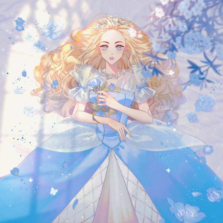 1998, 1girl, barbie_(character), barbie_(franchise), blonde_hair, blue_bow, blue_dress, blue_eyes