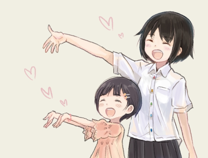 2girls, black_hair, bracelet, closed_eyes, collared_shirt, commentary_request, dress, heart