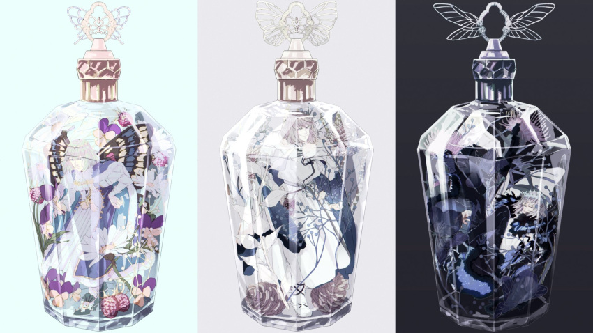 blonde_hair, blue_eyes, bob_cut, boots, bottle, butterfly_wings, cape, chrysanthemum