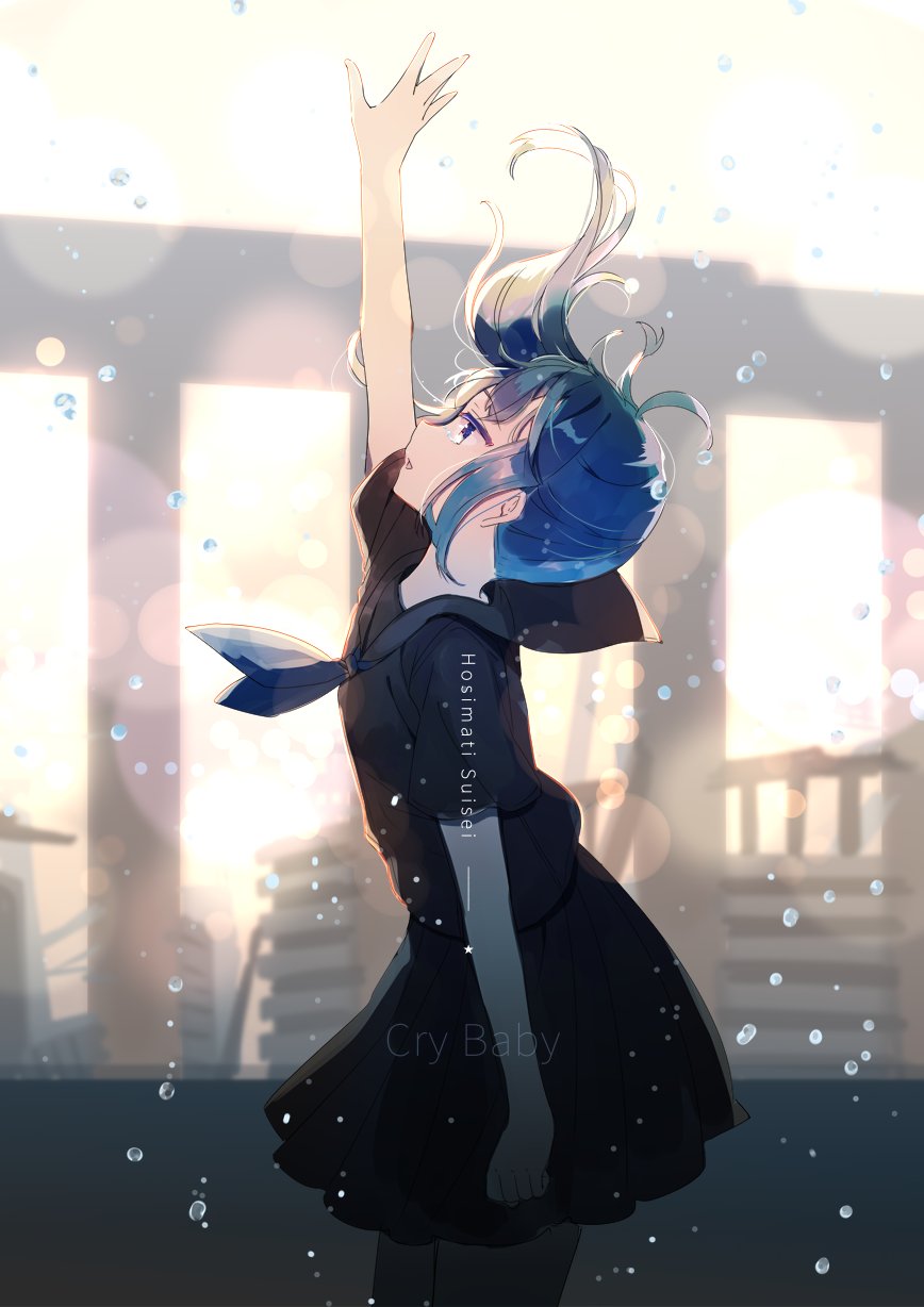 1girl, arm_up, awai_hinata, bangs, blue_eyes, blue_hair, blue_neckwear, character_name
